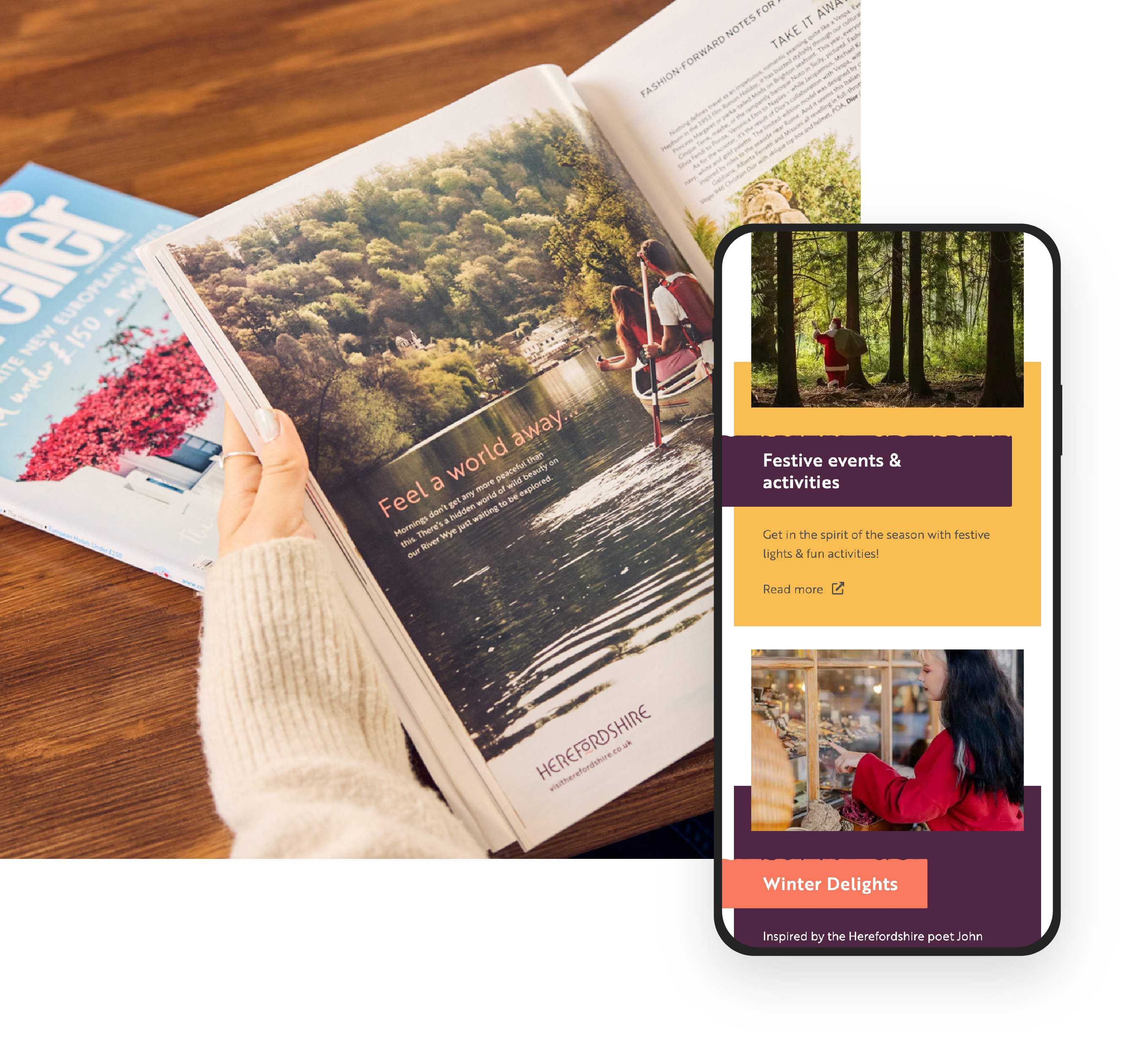 Magazine advert and phone with mobile website showing